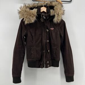 Vintage Hollister Women’s Brown Faux Fur Hooded Jacket XS Y2K